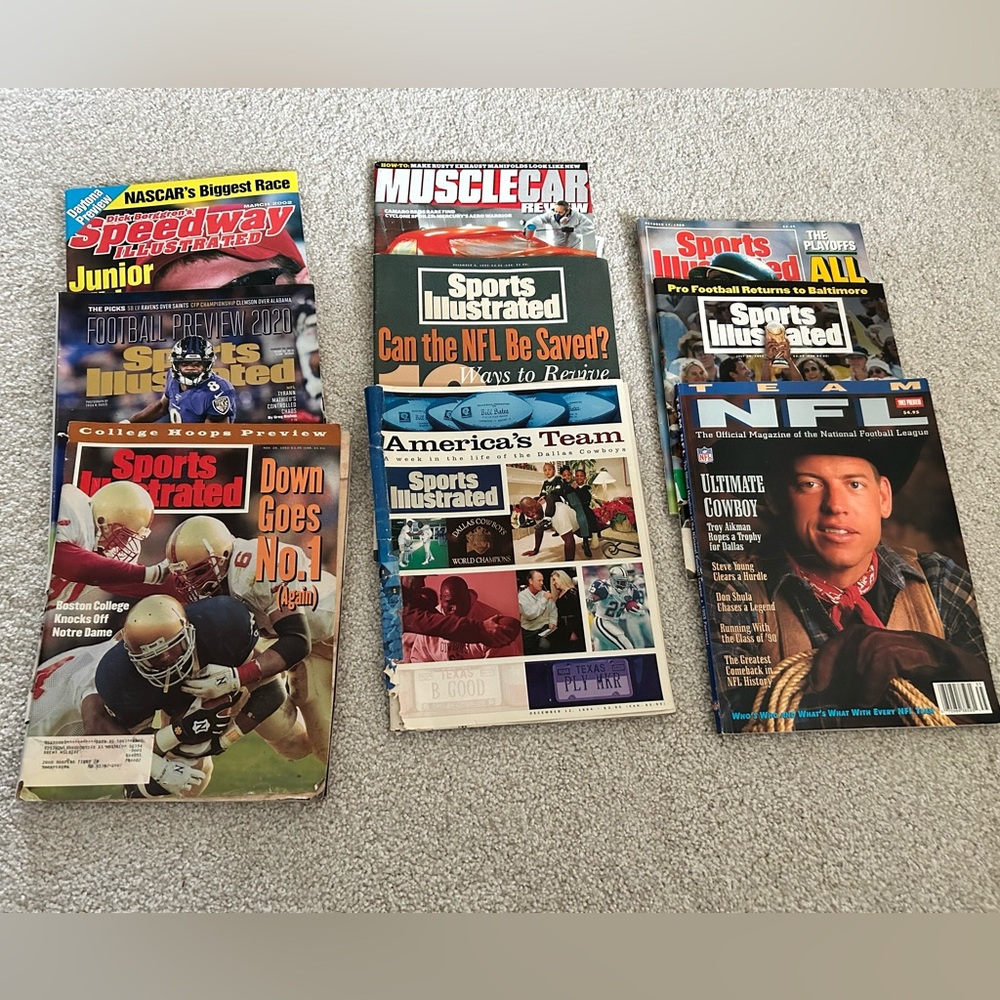 Lot of 9 vintage & newer sports illustrated, NFL, Speedway, muscle car magazines